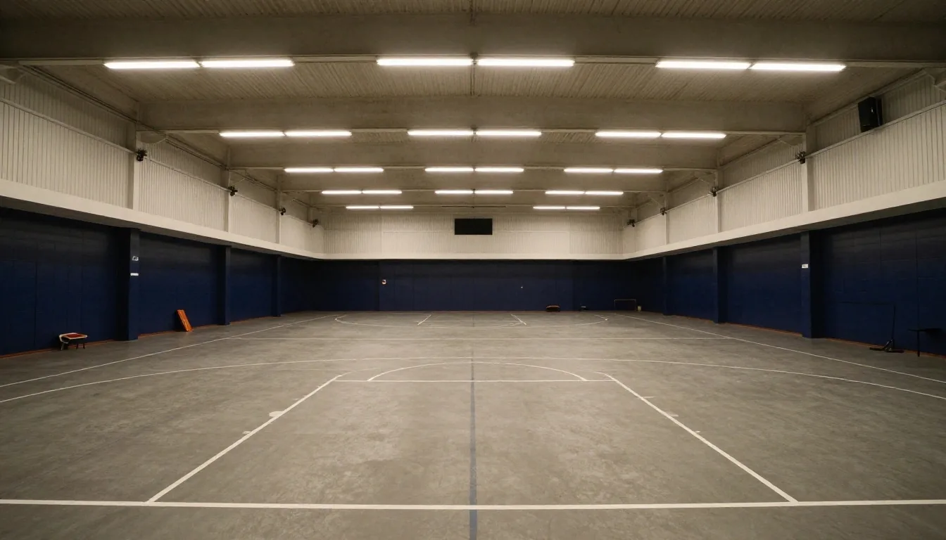 Leere britische Sporthalle mit rig-bank Beleuchtung über poliertem Betonboden